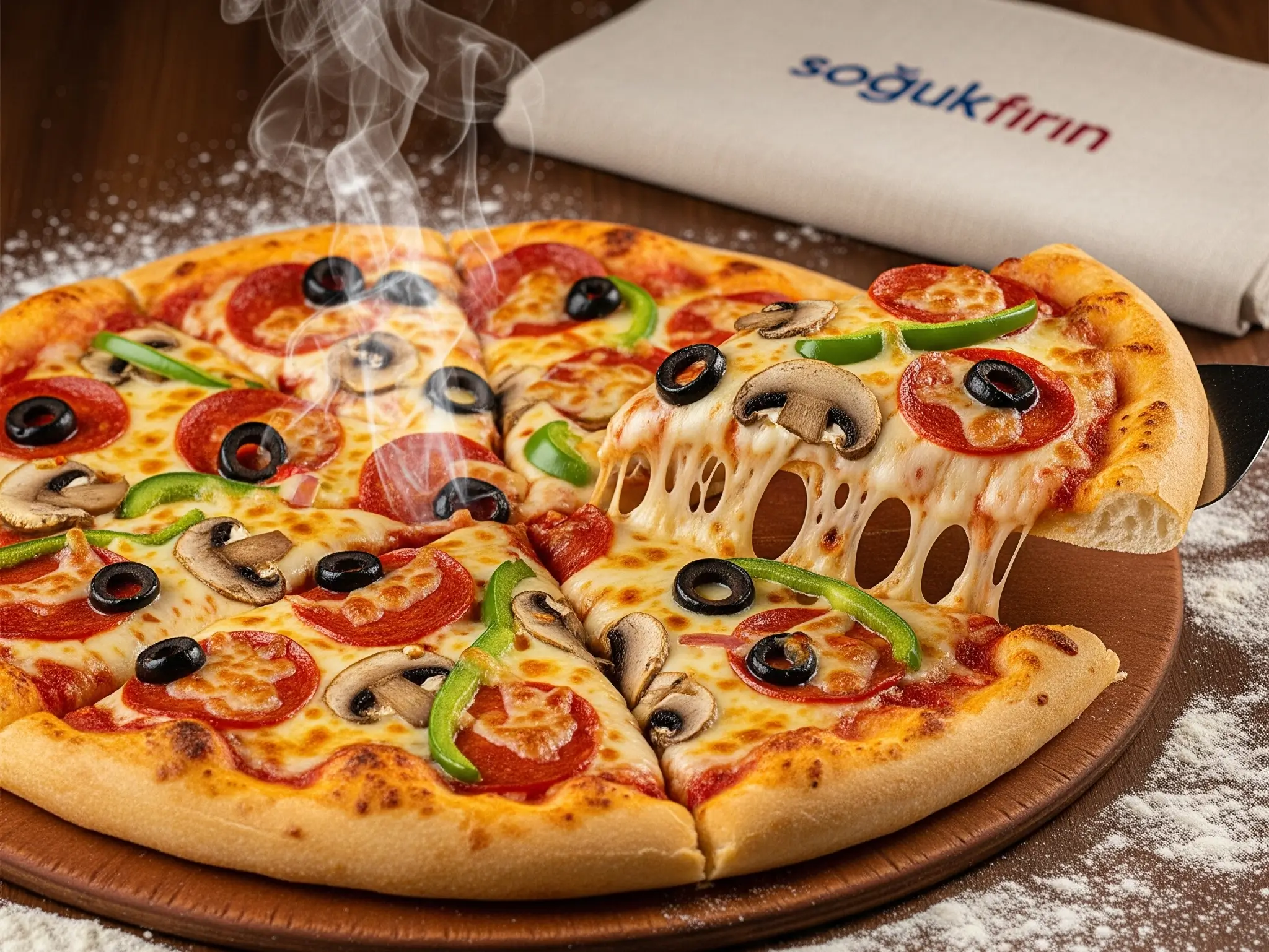 Sucuk, mantar ve zeytinle hazırlanan karışık pizza